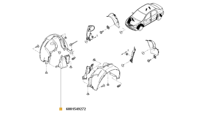Protector Interior Aripa fata, carenaj interior Dacia Logan Sedan 2004-2012, Logan MCV 2007-2012, Logan Pickup, VAN EXpress 2007-2012; partea Dreapta, 6001549272,  piesa originala OE