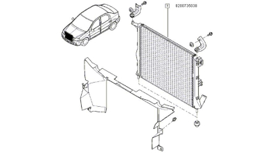 Radiator racire Dacia Logan facelift 04.2008-2012 si Sandero 2008-2014 pentru modele fara AC, 480X408X16mm motorizare 1.2 55kw/1.6 MPI 77 Kw, 8200735038,  piesa originala OE