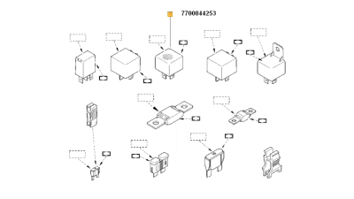 Releu 12V 40A galben Dacia Logan 2004-2018, Sandero Duster Dokker Lodgy, Renault Clio II, Kangoo, Megane Laguna Master Trafic Espace, 7700844253,  piesa originala OE