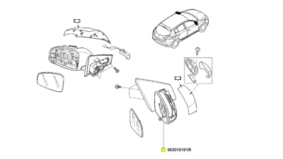 Oglinda exterioara Renault Megane III 2008-2016 Hatchback, Combi/Estate, partea Dreapta, mufa cu 12 gauri/ 7 pini, cu semnalizare, (se livreaza fara capac si geam), 963010191R,  piesa originala OE