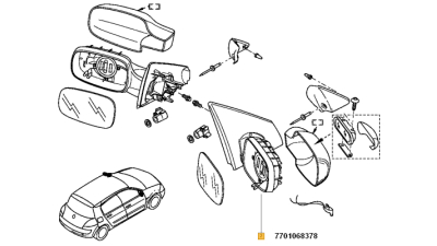 Oglinda exterioara Renault Megane II 11.2002-02.2007, partea Dreapta, reglare electrica (se livreaza fara capac si geam), 7701054690,  piesa originala OE