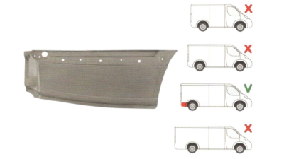 Segment reparatie aripa spate Mercedes Sprinter 209-524, 07.2006-06.2018, Vw Crafter (2e), 12.2005-04.2017, Lungime, Spatiu Incarcare L=4300mm, partea Stanga, în Spatele carcasei rotii; fara locas ornament; Lungime 1010, inaltime 400 mm, Aftermarket