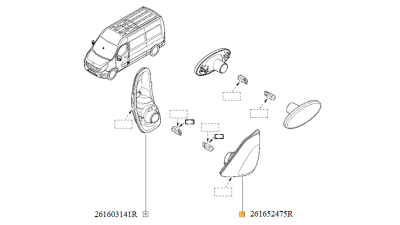 Lampa Semnalizare Oglinda exterioara NISSAN NV400 2010-; OPEL MOVANO 2010-; RENAULT MASTER 02.2010-, Semnalizator alb cu insertie galbena partea stanga, tip bec W16W, 261652475R,  piesa originala OE