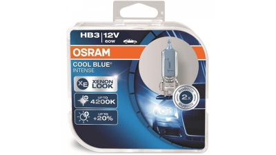Set 2 becuri auto cu halogen pentru far Osram Cool Blue Intense HB3 9005 12V 65W P20d 4200K Xenon Look , albastru , cu 20% mai multa lumina, OSR9005 CBI-DUO 