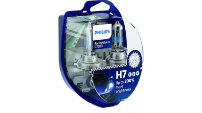 Set 2 becuri auto cu halogen pentru far Philips Racing Vision GT200 H7 12V 55W PX26D, + 200% mai multa lumina, 12972RGTS2