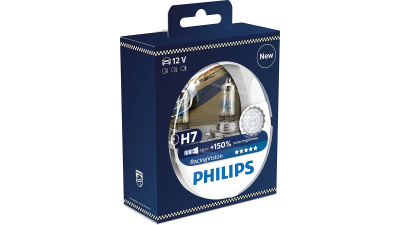 Set 2 becuri auto cu halogen pentru far Philips Racingvision +150% H7 12V 55W PX26D - Cele mai puternice becuri omologate