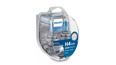 Set 2 becuri auto cu halogen pentru far Philips WhiteVision ultra H4 12V 60/55W P43T, culoare 4200K, + 2 buc becuri 5W, 2342WVUSM