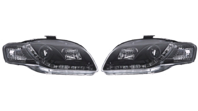 Set faruri tuning Audi A4 (B7) 11.2004-03.2008 BestAutoVest; stanga+dreapta tip bec H1+H7 transparent-negru, fumuriu, reglare manuala