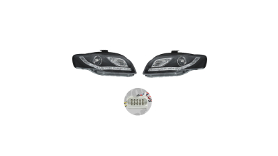 Set faruri tuning Audi A4 (B7) 11.2004-03.2008 BestAutoVest, stanga+dreapta tip bec H9, transparent - negru; fumuriu, reglare manuala