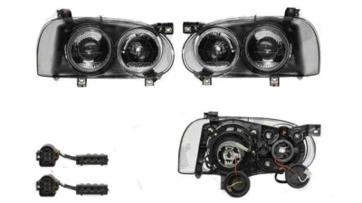 Set faruri tuning VW Golf 3 (Hatchback + Combi+Cabrio) 08.1991-04.1999 TYC partea Dreapta+Stanga, transparent-fumuriu, tip bec H1+H3, fara motoras