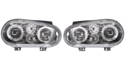Set faruri tuning VW Golf 4 (Hatchback + Combi) 08.1997-09.2006, si Golf 4 CABRIOLET (1EXO) 04.1998-10.2003 BestAutoVest partea Dreapta+Stanga, TRANSPARENT-SILVER, tip bec H1+H1, fara motoras