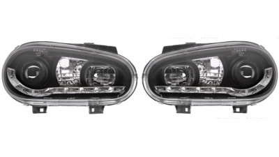 Set faruri tuning VW Golf 4 (Hatchback + Combi) 08.1997-09.2006, si Golf 4 CABRIOLET (1EXO) 04.1998-10.2003 BestAutoVest partea Dreapta+Stanga daytime running light, tip bec H1+H1, negru-transparent, fara motoras