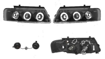 Set faruri tuning VW Passat Sedan+Combi (B5) 1997-2000 BestAutoVest partea Dreapta+Stanga, tip bec H1+H1, negru-transparent, fara motoras, cu pozitie fibra optica