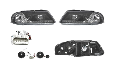 Set faruri tuning VW Passat Sedan+Combi (B5 (3B GP)) 11.2000-01.2005 BestAutoVest partea Dreapta+Stanga daytime running light, tip bec H1+H1, transparent-negru