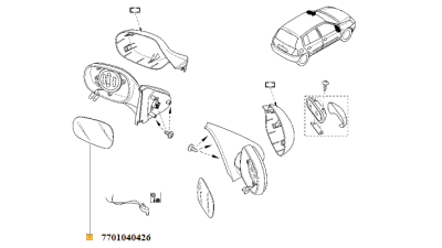 Geam Oglinda Dacia Logan 2004-2007; Renault Clio 1, Clio II, Megane I, Micra 2003-2010, Modus 2004-2007; Scenic 1999-2003, Thalia 1999-2002; Sticla partea stanga, fara incalzire, 7701040426,  piesa originala OE
