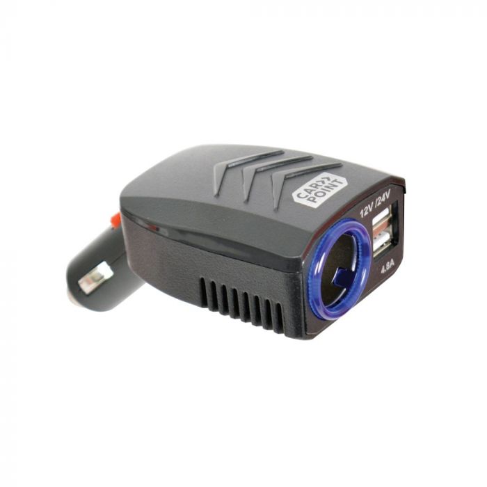Incarcator auto Carpoint pentru USB de la priza auto 12V/24V, tensiune iesire 5V DC cu 2 iesiri USB de 4.8A, culoare negru