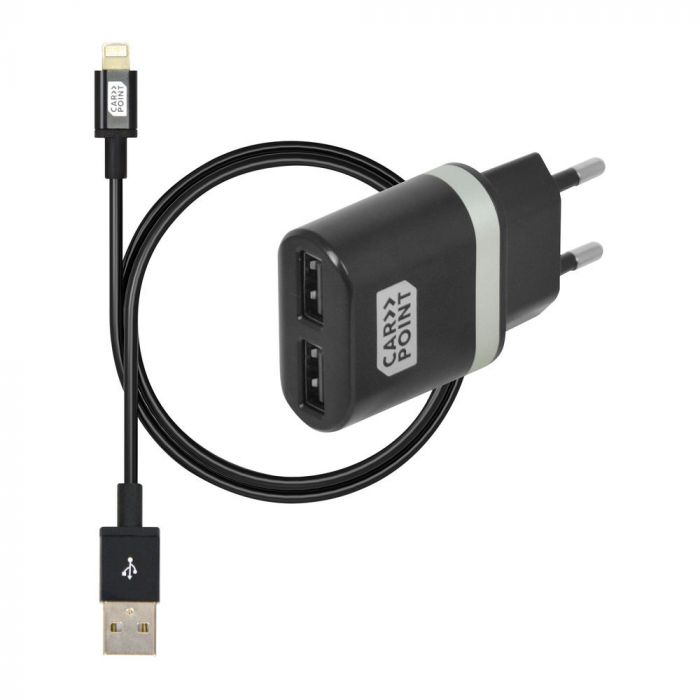 Incarcator priza retea cu iesire 2x USB iesire 5V 2 4V cu cablu conector hibrid MicroUSB MFi Dock 8pin