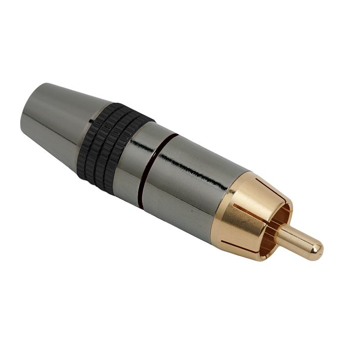 Fisa RCA contact aurit pentru cablu de maxim 8 mm cu inel de marcare negru