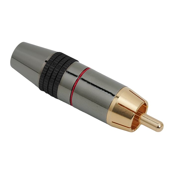 Fisa RCA contact aurit pentru cablu de maxim 8 mm cu inel de marcare rosu