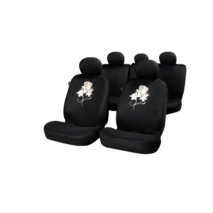 Set huse scaune auto Rose & Skull Huse auto Fata + Spate compatibile cu modelele cu Airbag in scaune