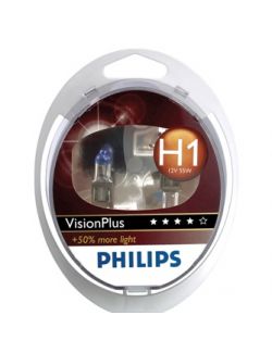 Becuri Halogen pentru far Philips H1 Vision Plus + 50% lumina 12V 55W set de 2 buc
