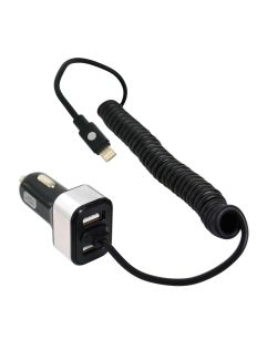 Incarcator auto Carpoint cu cablu conector hibrid MicroUSB MFi Dock 8pin 2x iesiri USB 2 0 5 8A 12V 24V lungime 150cm
